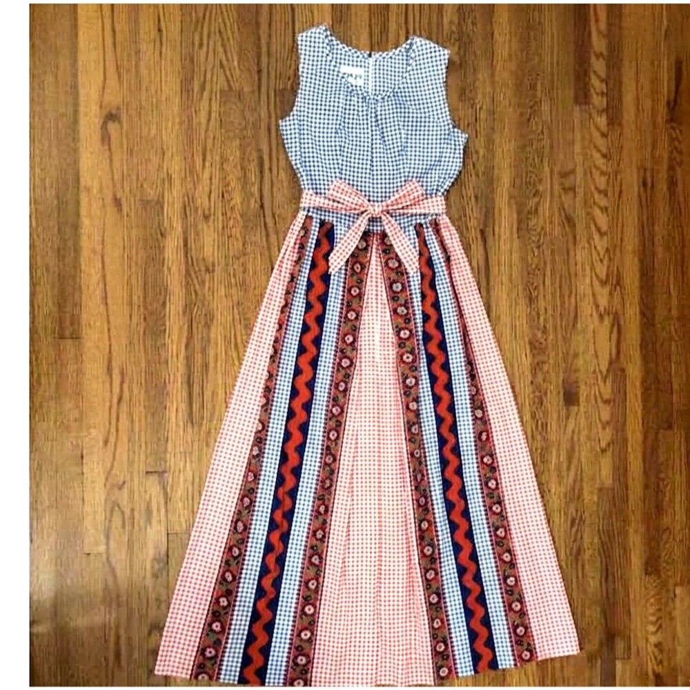 VTG 70s Red White Blue Bicentennial Maxi Dress Gingham floral Boho Hostess S M - Picture 2 of 10